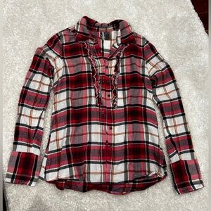 BKE Ruffled Long Sleeve Plaid Shirt